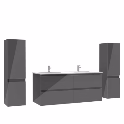 Ensemble meuble salle de bain 120 cm anthracite brillant avec 4 tiroirs, double lavabo céramique + 2 colonnes, suspendu