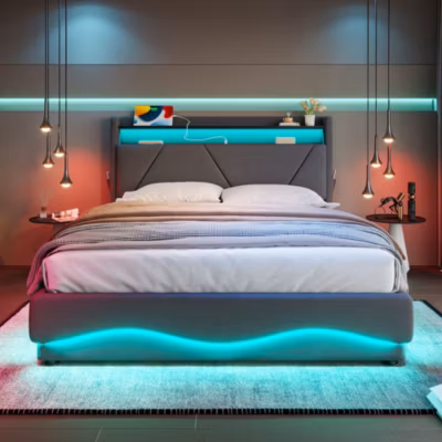 Lit 160×200 cm avec tête de lit à LED, étagères intégrées et revêtement velours gris foncé, espace de rangement