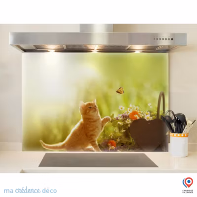 Crédence cuisine fond de hotte Chaton et papillon – Verre trempé – L 90 cm x H 70 cm – MaCrédenceDéco