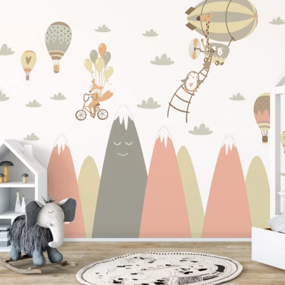 Stickers enfant montagnes scandinaves animaux amis 60 x 90 cm