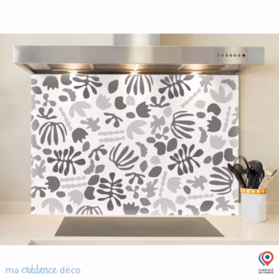 Crédence cuisine fond de hotte inspiration Matisse Noir et blanc – Verre trempé – L 90 cm x H 50 cm – MaCrédenceDéco
