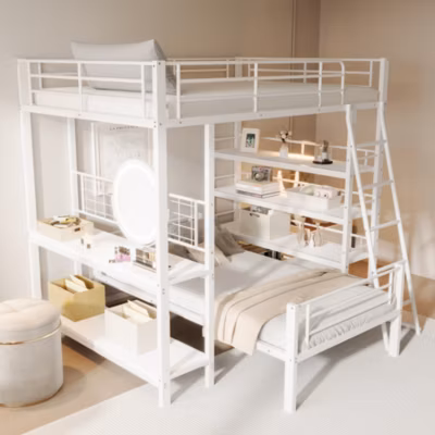 Lit mezzanine 140×200 cm – Lit double avec rangement multifonction, structure métal et MDF avec étagères – Sans matelas – Blanc