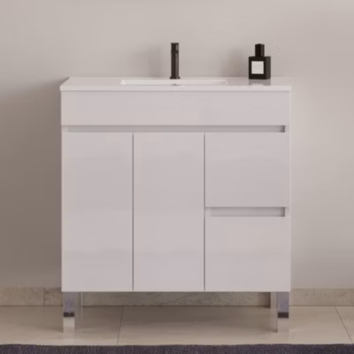 Meuble de salle de bain 80cm simple vasque sans miroir sur pieds avec portes et tiroirs – blanc – HARO