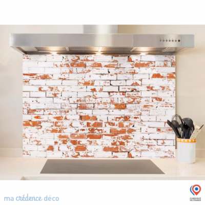 Crédence cuisine fond de hotte Mur briques rouges et blanches – Verre trempé – L 90 cm x H 50 cm – MaCrédenceDéco