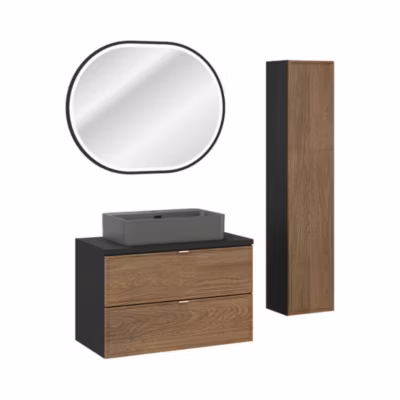Ensemble SAVIA : meuble sous vasque 80cm et vasque à poser et colonne de rangement et miroir LED