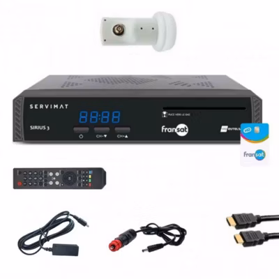 Pack  Récepteur TV Satellite HD + carte Fransat + Câble HDMI + Câble 12V + Déport IR + LNB Single SERVIMAT