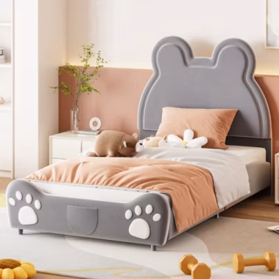 Lit simple pour enfant 90×200 cm – Lit capitonné en forme d&rsquo;ours – Velours + Métal + MDF – Sans matelas – Gris