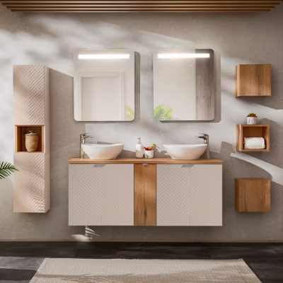 Ensemble meuble double vasque 140cm 5 portes miroirs LED colonne et 3 armoires murales Manoa Cachemire et Bois