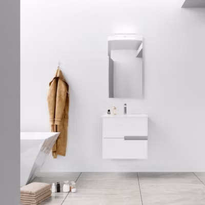Meuble de salle de bains 60cm Blanc Glossy 2 tiroirs avec Vasque céramique blanche – ONE