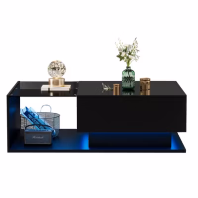 Table basse noire à effet brillant 100x50x32 cm – avec plateau en verre et 1 tiroir, antirayure, avec éclairage LED, style moderne