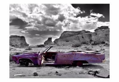 Papier peint intissé panoramique vintage et retro voiture rétro sur le désert du colorado 250×193 cm