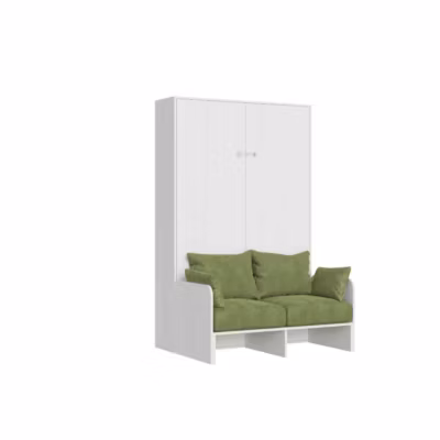 Lit double escamotable français Kentaro 140 cm avec canapé en frêne blanc, vert
