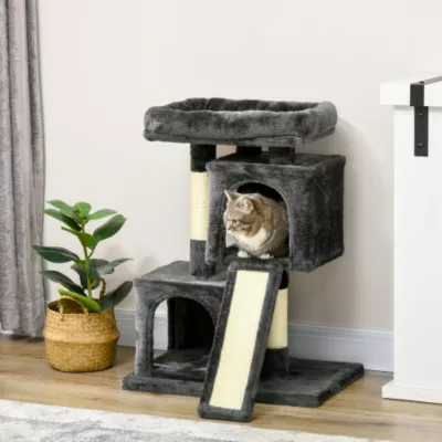Arbre à chat PawHut avec sisal et grattoir en peluche gris foncé pour chats actifs jusqu à 30 kg