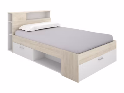 Lit avec tête de lit rangements et tiroir – 120 x 190 cm – Coloris : Naturel et blanc – LEANDRE