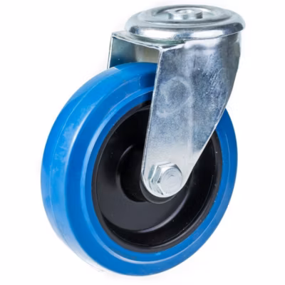 Roulette pivotante de 125 mm avec bande élastique bleue sur une roue centrale en nylon