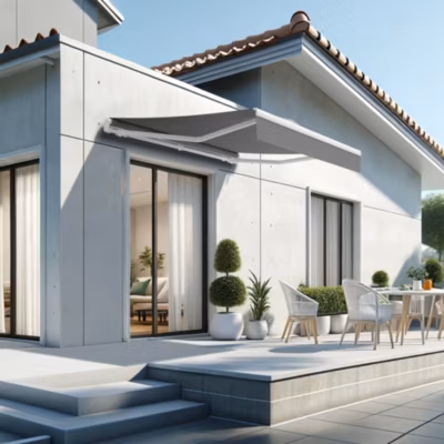 Store banne monobloc ESPAI 3,00×2,00m (Motorisé à télécommande + manœuvre de secours – Gris Graphite – Blanc)