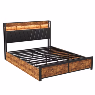 Lit Double En Métal 160×200 Cm, Avec LED Et USB, Lit Capitonné Avec Sommier à Lattes, Pu, Noir