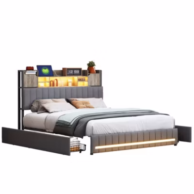 Lit Double Avec Tiroirs 160 X 200 Cm , LED Et USB, Cadre De Lit Avec Sommier à Lattes, Lin, Gris