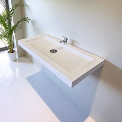 Plan Double Vasque en béton  fibré cimenté noir effet marbre 140×47 avec LED à capteur double robinetterie
