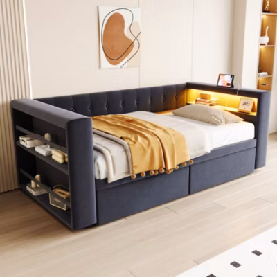 Lit Banquette 90×190 cm avec LED et Prise Électrique – Lit Simple Gris Foncé avec Tiroir de Rangement – Sans Matelas
