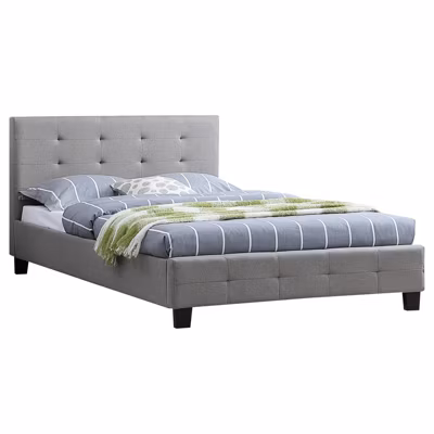 Lit simple MARLON, 120 x 190 cm, capitonné avec sommier, revêtement en tissu gris