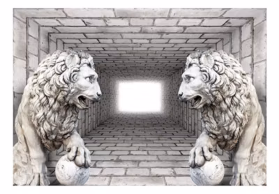 Papier peint intissé panoramique 3d et perspective lions de pierre 100×70 cm