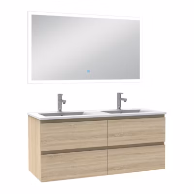 Ensemble meuble Salle de Bain 120cm double vasque et miroir lumineux 3 couleurs et dimmable chêne wotan