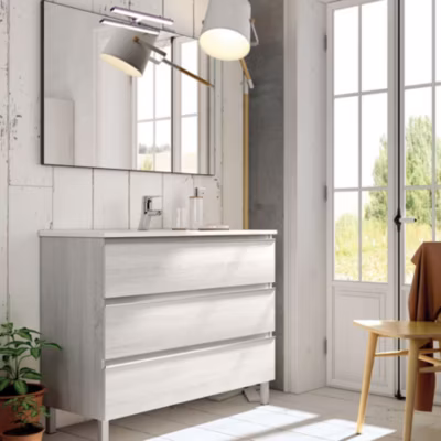 Meuble de salle de bain 60cm simple vasque – 3 tiroirs – PALMA – hibernian (bois blanchi)