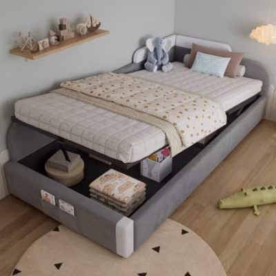 Lit enfant 90×200 cm, hydraulique, barrière, sac rangement, contreplaqué – gris (gauche)