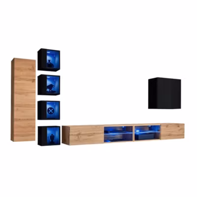 Ensemble meubles de salon SWITCH XXVI  Chene et noir  LED intégrées & système Push to Open