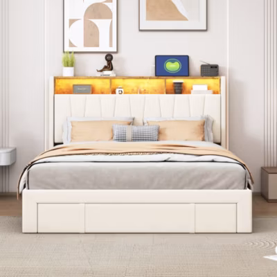 Lit 160×200 Sommier LED et USB, Type-C,Lit Capitonné Lit Double avec 4 Tiroirs,Velours, Beige