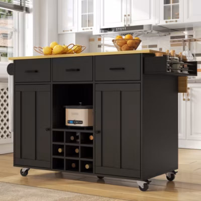 Îlot de Cuisine Mobile – desserte avec Plan de Travail et Porte-Serviettes – MDF – Noir – 124×40-65×91,5 cm