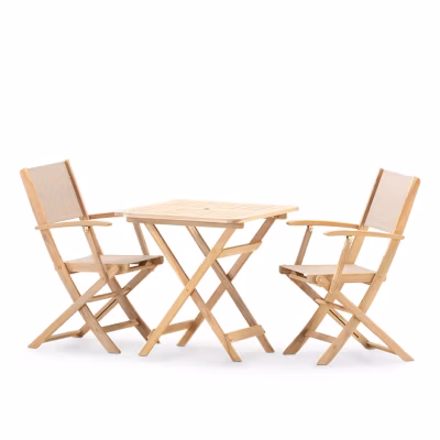 Balcon set terrasse table pliante 70×70 + 2 chaises bois et textile beige – Java Light
