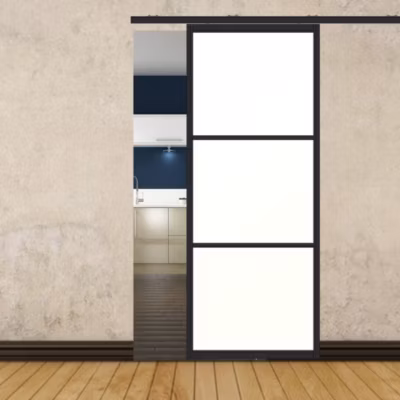Porte simple coulissante droite H 2088 x L 867 mm – 3 verres horizontaux – trempé 6 mm opale – noir