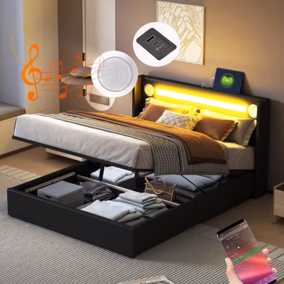 Lit coffre 140x200cm – Lit double avec sommier à lattes, tête de lit LED avec Bluetooth et port USB – en cuir PU Noir