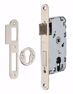 Boitier de serrure encastrable à cylindre pour porte d&rsquo;entrée, axe 40mm, bouts ronds, têtière nickelée – THIRARD