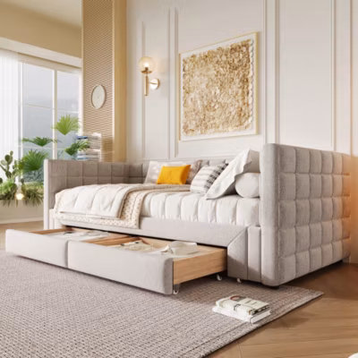 Lit de jour 90x200cm dossier carré extensible 180cm 2 tiroirs sans matelas beige