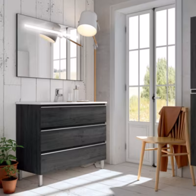 Meuble de salle de bain simple vasque – 3 tiroirs – PALMA et miroir Led STAM – ebony (bois noir) – 100cm