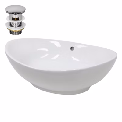 Lavabo en céramique blanc avec garniture de vidage lave-mains moderne 590×390 mm