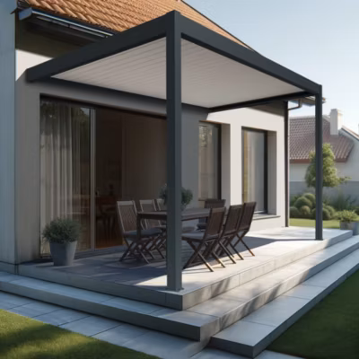 Pergola bioclimatique Xenon perpendiculaire (Vérin à Télécommande + LED 3 côtés – Gris anthracite / Blanc – 4,109 x 3,50m)