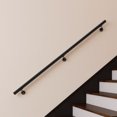 Main courante 200cm, inox 304, Noir mat, rampe d&rsquo;escalier ronde, avec 3 supports muraux, intérieur & extérieur