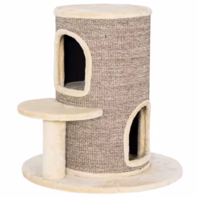 Arbre à chat cylindrique – tour à griffer pour chat H.61cm – tonneau griffoir – 2 niveaux + plateforme – sisal peluche beige