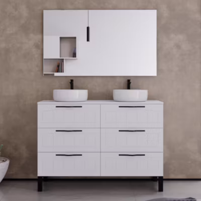 Meuble de salle de bain 120cm avec plateau et deux vasques à poser rondes – 6 tiroirs – blanc – CALA
