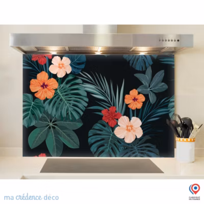 Crédence cuisine fond de hotte Végétation et hibiscus – Alu composite – L 90 cm x H 70 cm – MaCrédenceDéco