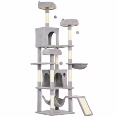 Arbre à chat design XXL gris clair multi-activités – zones de repos, griffoirs, grattoir – H.192 cm
