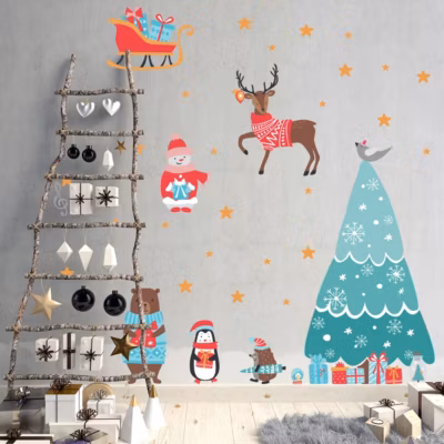 Stickers Noël animaux joyeux – Autocollants stickers adhésifs noël – décoration fêtes – 45x30cm