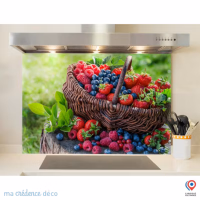 Crédence cuisine fond de hotte fruits et panier – Verre trempé – L 60 cm x H 45 cm – MaCrédenceDéco