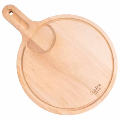 Creative Home Pizza Planche a Decouper en Bois 40x30x1,5cm – Poignée Rainure pour Jus et Espace pour Bol – Bois de Hêtre Naturel