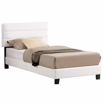 Lit 1 place HUDSON, 90 x 190 cm, capitonné avec sommier, revêtement synthétique blanc