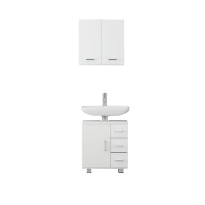 Ensemble 2x meubles de salle de bain en bois MDF blanc à suspension haute/basse
